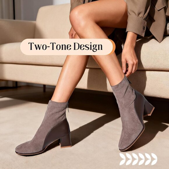 Women's Brown Square Toe Low Block Heel Chelsea Back Zipper Mid Calf Booties - Picture 2 of 6